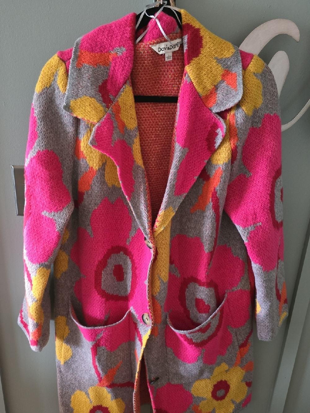 DAVI & DANI Hot Pink Floral Knit Trench Coat with Gray and Yellow Accents